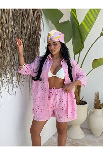 LB Laluna Butik Kadın Brode Kumaş Gömlek Ve Şort Takımı