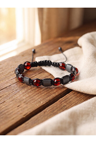 OSMANLI DEĞERLİ TAŞ Amber - Hematite Natural Stone Macrame Bracelet - Special...