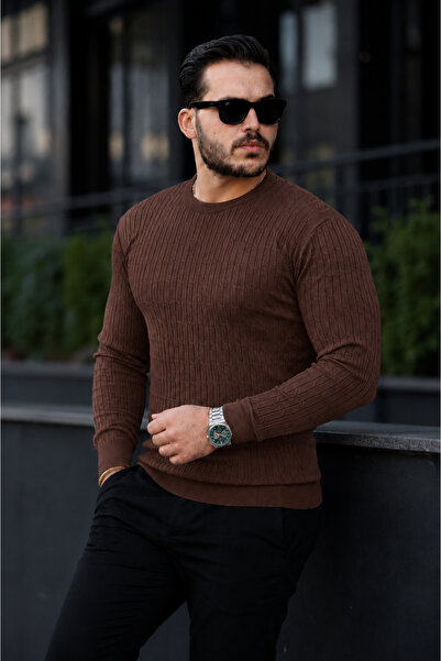 comstar Men's Crew Neck Long Sleeve Brown Knit Sweater