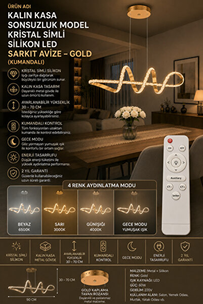 Kalın Kasa Sonsuzluk Model Kristal Simli Silikon Gold LED Sarkıt Avize – 4 Renk Aydınlatma Seçeneği (KUMANDALI)