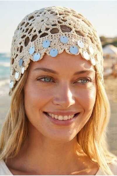 Uniquetrenders Women's Sequin Decorated Knitted Beanie with Mesh Texture Bohe...
