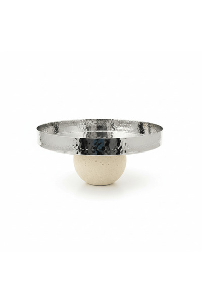 AKDC Silver Hammered Metal Candy Tray with Cream Chalk Base - 28 cm × 13 cm
