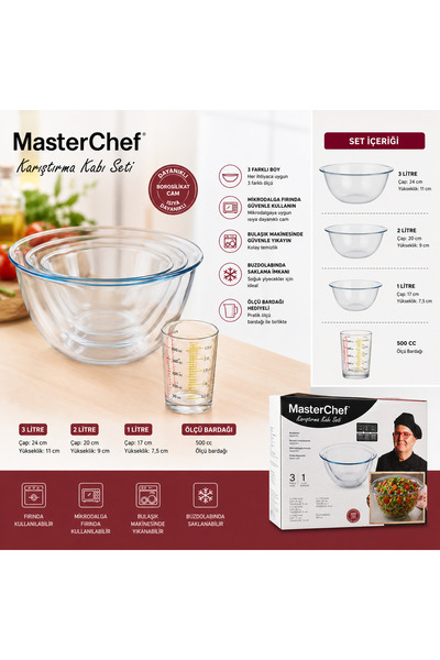 SELÇUK MasterChef Borosilikat Cam Karıştırma Kabı Seti 3’lü + 500 cc Ölçü Bar...
