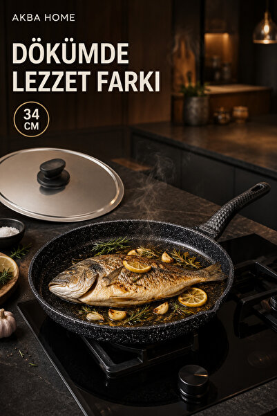 Alkar Döküm Granit Balık Tavası 34 cm Metal Kapaklı Büyük Boy Hamsi Tavası