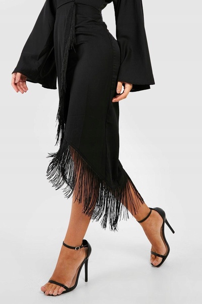 NO BRAND Rochie neagră petrecută cu franjuri, midi, cu mâneci largi, Boohoo 44