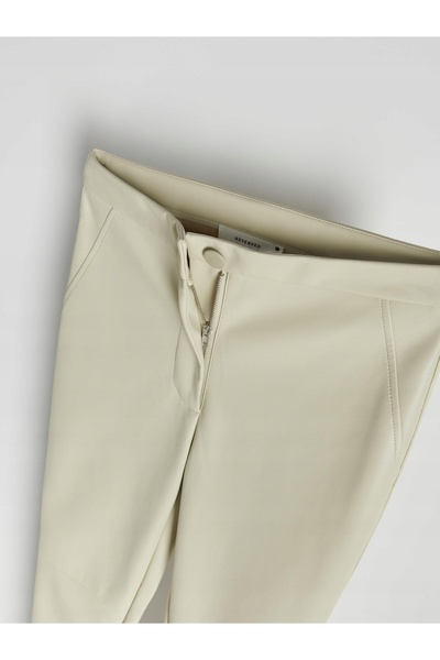 NO BRAND Pantaloni conici cu talie înaltă din piele ecologică netedă, bej, RE...