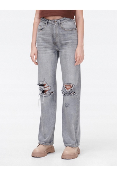 NO BRAND Pantaloni din denim gri cu talie înaltă, cu rupturi și franjuri, măr...