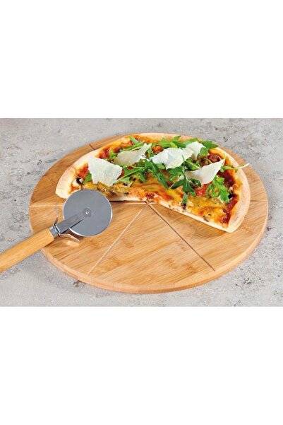 NO BRAND Platou de pizza din bambus Ø 32 cm + Cuțit de pizza