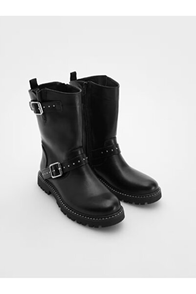 NO BRAND Cizme negre cu catarame decorative, tip slip-on, cu fermoar, din pie...