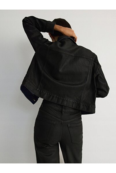NO BRAND Jachetă scurtă din denim grafit, cu mânecă lungă, guler, nasturi, mă...