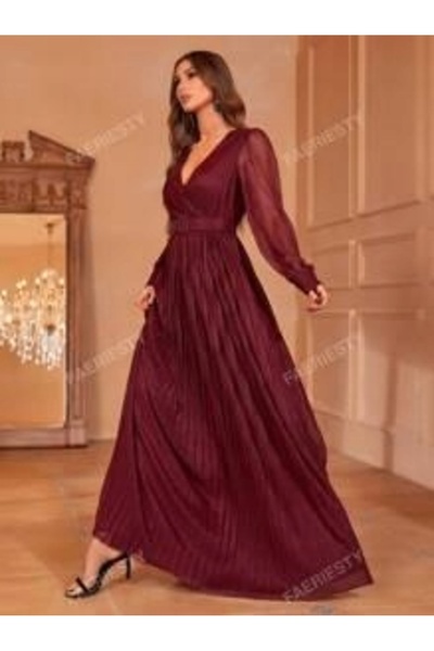NO BRAND Rochie maxi plisată bordo Faeriesty cu cordon, cu imperfecțiuni, eva...