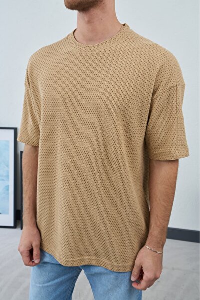 duo fideles Men's Oversize Self-Hole Patterned T-Shirt
