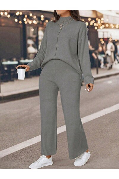 NO BRAND Set tricotat gri, pantaloni cu picior larg, pulover, Shein 48