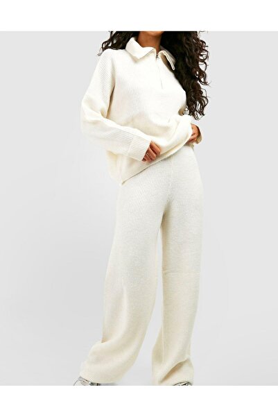NO BRAND Set tricotat crem, lejer, neted, simplu, pulover și pantaloni, Boohoo L