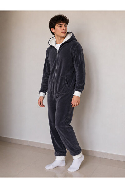 YHD Kışlık Gri Kapüşonlu Polar Peluş Tulum, Pijama Takımı