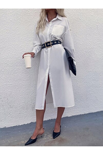 NO BRAND Rochie cămașă midi albă, guler simplu, mâneci lungi, Shein 40/42