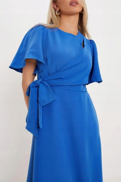 NO BRAND Rochie midi albastră cu mânecă scurtă, cu cordon, netedă, Oasis 34