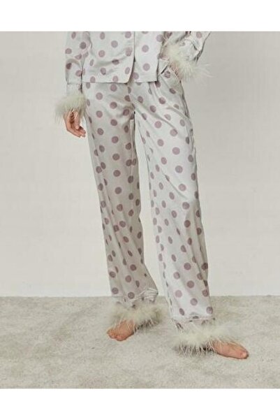 NO BRAND Pantaloni de pijama clasici, lungi, cremoși, cu buline, Gal 32