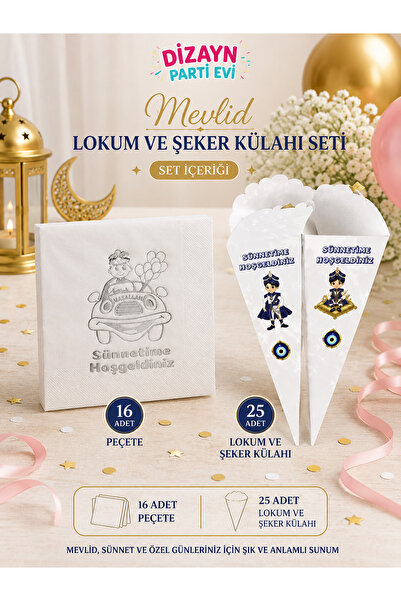 Dizayn Parti Evi Mevlid Lokum ve Şeker Külahı Seti Baskılı Peçete Mevlid Sünn...