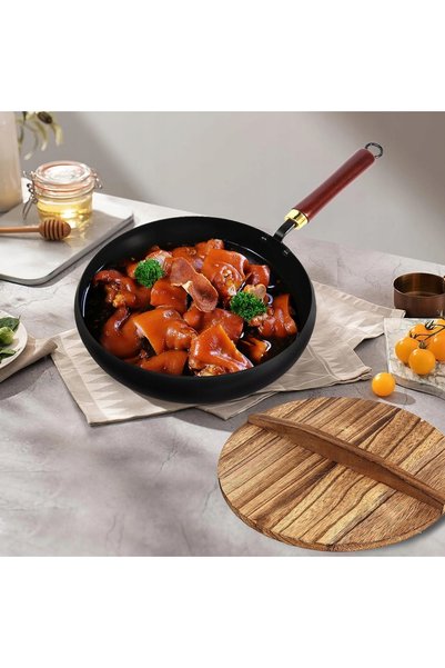 NO BRAND Wok japonez din fier de 28 cm, forjat manual, cu capac din lemn.