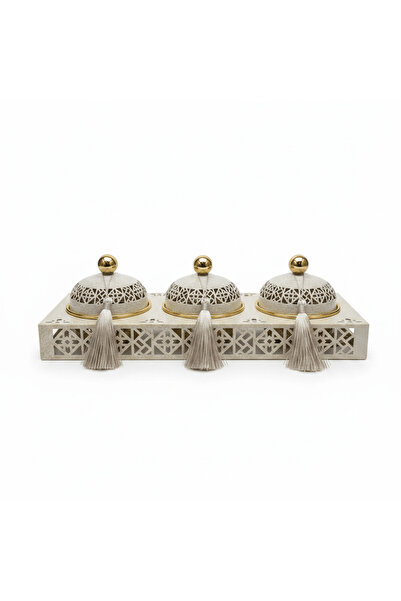 AKDC Cream & Gold Arabesque Candy Bowl with Holder — 3 Pcs Set - 40×15 cm
