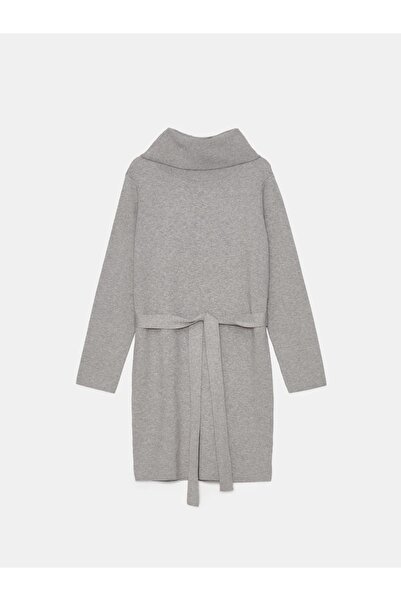 NO BRAND Rochie mini tricotată gri, cu mânecă lungă, stil golf, cu curea uni,...