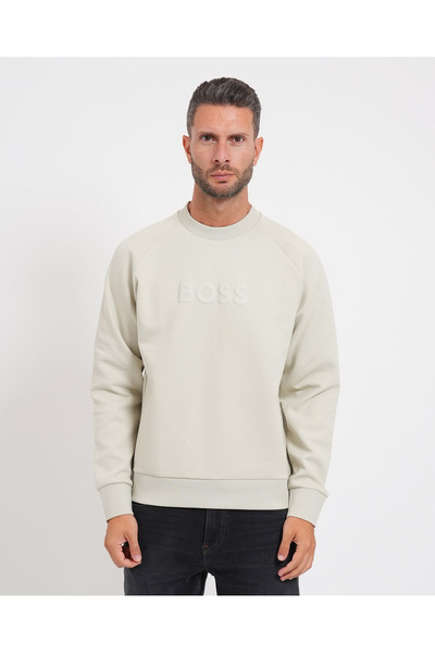 BOSS Men's Regular Fit Logo Printed Cotton Long Sleeve Light Beige T-Shirt