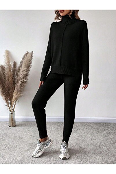 NO BRAND Set negru pulover pe gât și pantaloni, croială slim, uni, Shein 36