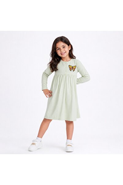 PALM PEANUTS Girls Mint Green Butterfly Applique Long Sleeve Cotton Dress | C...