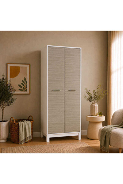 Adore Mobilya London 4 Kapaklı 2 Çekmeceli Gardırop - Meşe/Beyaz 159x202x52 c...