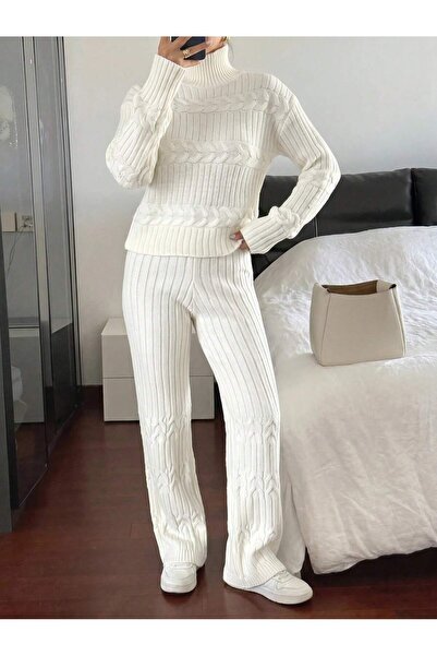 TOFAN TRİKO Hair Braid Patterned Turtleneck Knitwear Set