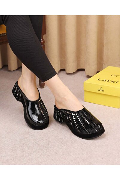 layki Fior Black Shiny Patent Leather Stone Detailed Orthopedic Sole Women's ...