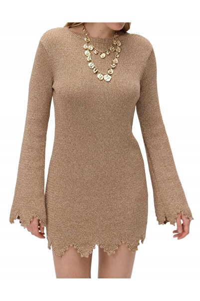 NO BRAND Rochie tricotată aurie lucioasă, cu mânecă lungă, asimetrică, Reserve m