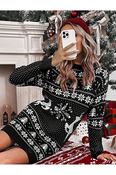 NO BRAND Rochie mini tricotată neagră cu design de Crăciun, mânecă lungă, She...