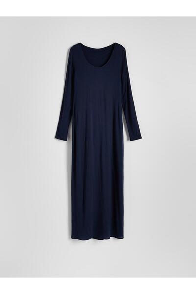 NO BRAND Rochie maxi netedă bleumarin, cu mânecă lungă, model mulat, mărimea L.