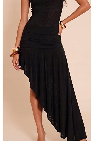 NO BRAND Rochie clasică neagră cu mânecă scurtă asimetrică Prettylittlething 40