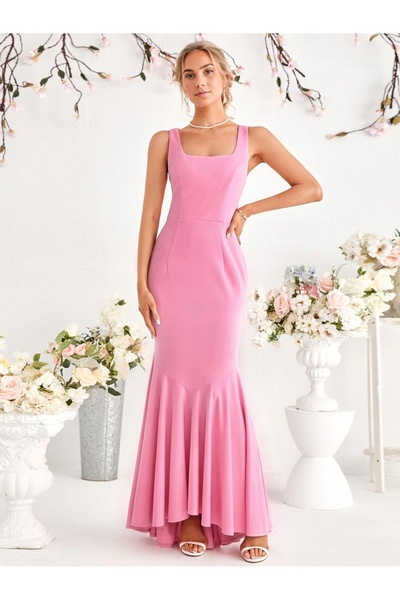 NO BRAND Rochie lungă elegantă, mulată, uni, roz, cu volane, Shein m