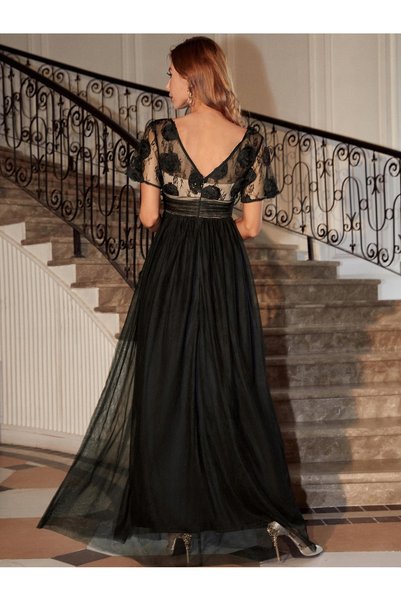 NO BRAND Rochie de seară maxi negru-bej cu imprimeu floral, mânecă scurtă, Sh...