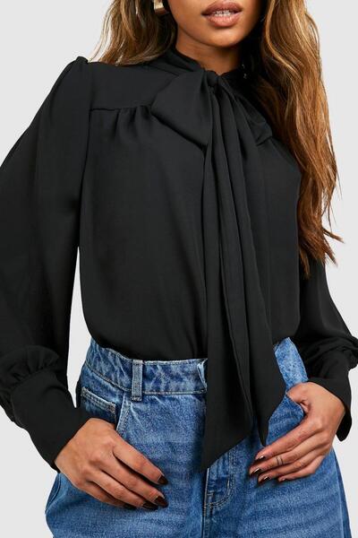 NO BRAND Boohoo Bluză clasică neagră cu mânecă lungă și guler cu șnur 34