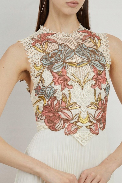 NO BRAND Rochie crem cu somon, midaxi, plisată, brodată, Karen Millen 42