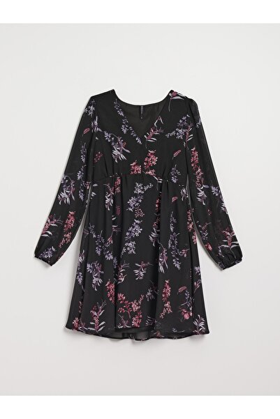 NO BRAND Rochie neagră evazată cu mâneci lungi, decolteu în V, cu model, mări...