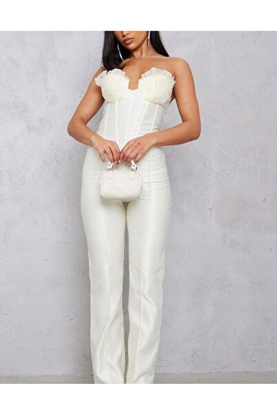 NO BRAND Salopetă de cocktail din satin ecru, căptușită, Prettylittlething 34