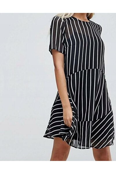 NO BRAND Rochie mini neagră cu dungi, mărimea 34 (petite)
