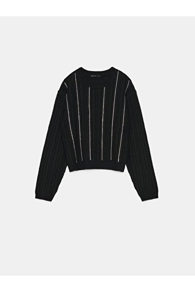 NO BRAND Pulover negru tricotat, larg, decorativ, cu model tip blugi, cu mâne...