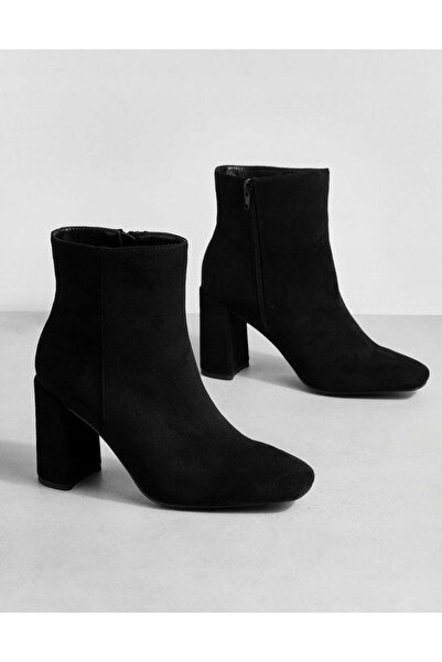 NO BRAND Botine negre din piele ecologică, cu aspect de piele întoarsă, cu vâ...