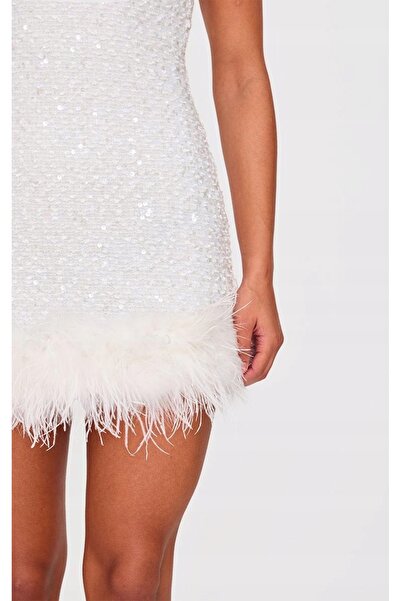 NO BRAND Prettylittlething rochie mini de cocktail albă cu paiete și pene 34