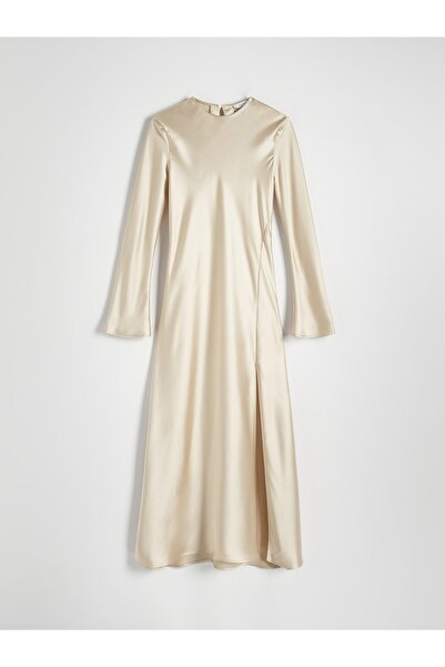 NO BRAND Rochie clasică din satin, bej, simplă, cu mâneci lungi, cu șliț, m
