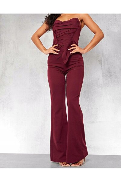 NO BRAND Salopetă bordo cu picior lung și umeri goi Prettylittlething 40
