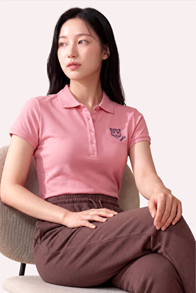 Kontür Jaguar Nakış Detaylı Slim Fit Kadın Gül Kurusu Polo Yaka T-Shirt
