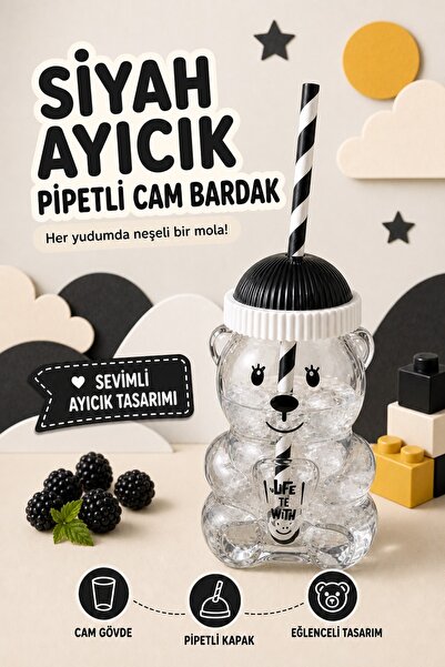 Ezupack Cam Bardak Ayıcıklı Soğuk Frozen Detox Latte İçecek Bardağı Pipetli 5...